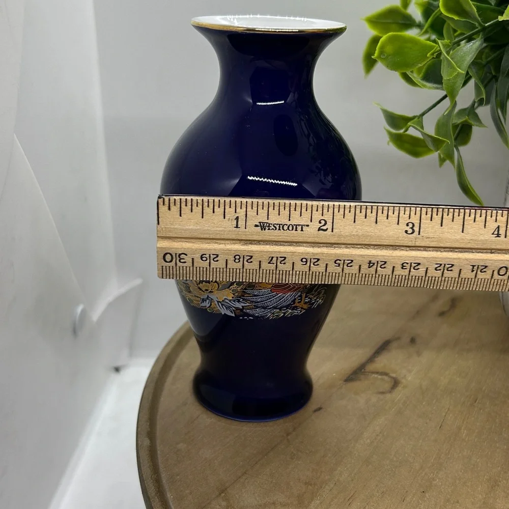 Vtg 5.25“ Vase Cobalt Blue Floral Pheasant Peacock Japan Ceramic 24k Gold Trim